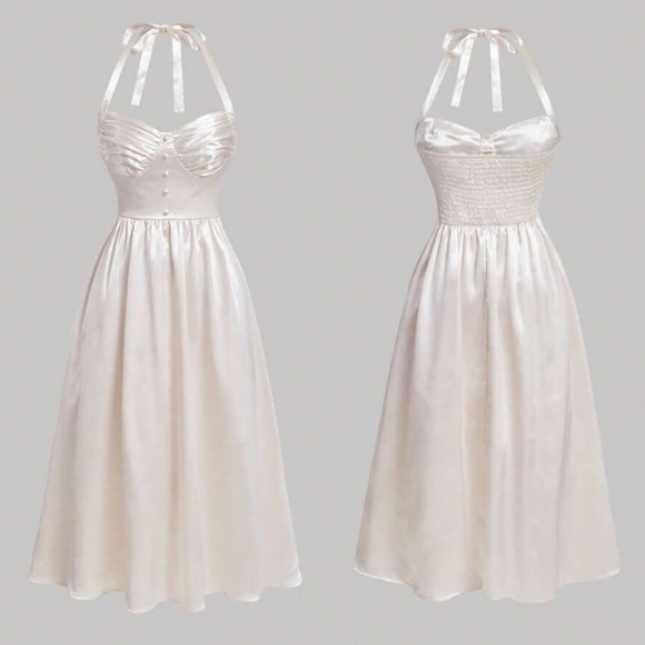 White Ruched Bust Tie Halter Dress - Picture 1 of 4